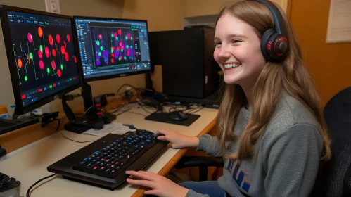 Girl with Headphones at Computer Station