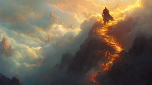 Figure Climbing Stairs in Cloudy Sky