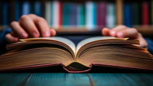 Hands Holding Open Book on Wooden Table