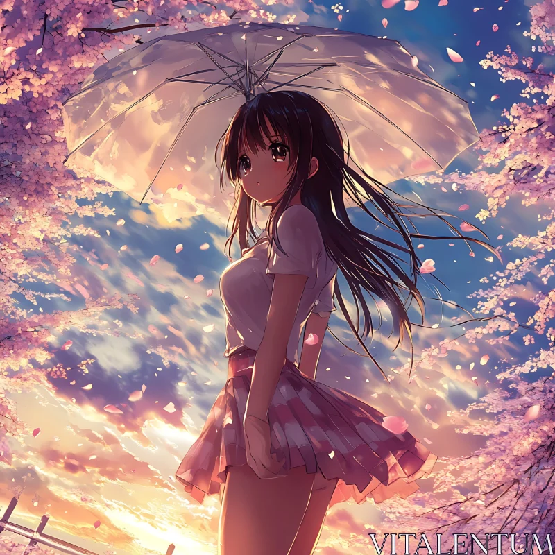 Cherry Blossom Anime Girl at Sunset AI Image