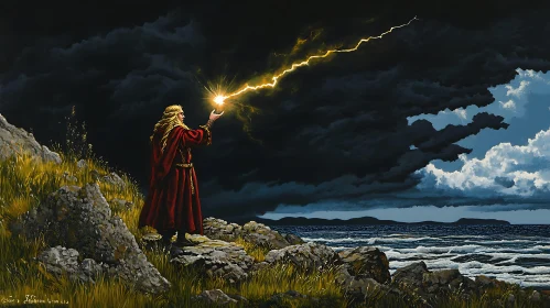 Coastal Wizard Casting Lightning Spell