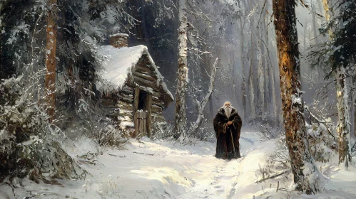 Snowy Forest Cabin Scene with Figure