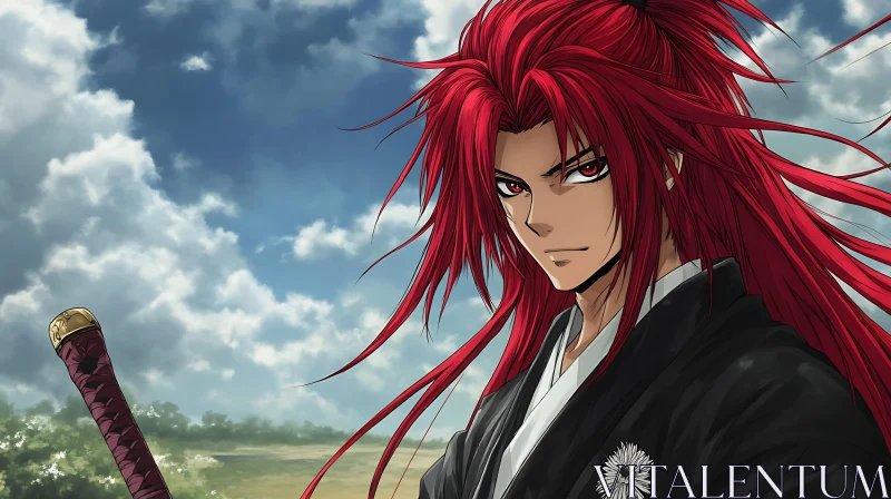 Anime Samurai with Red Hair and Sword AI Image