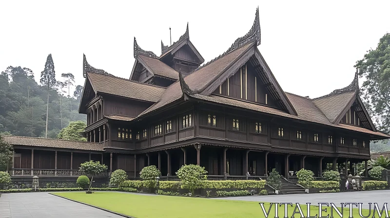 Historic Wooden Building with Intricate Roofs AI Image