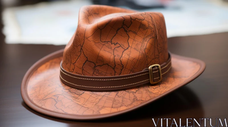 Intriguing Brown Leather Hat on Coffee Table | Captivating Cartographic Design AI Image