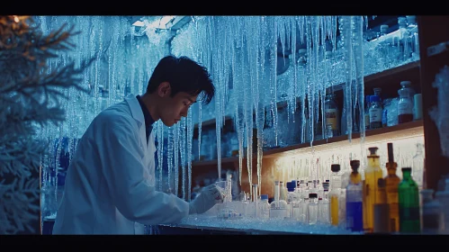 Icy Lab Experiment: Scientist in Winter Lab