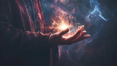 Hand Holding Universe Light Art