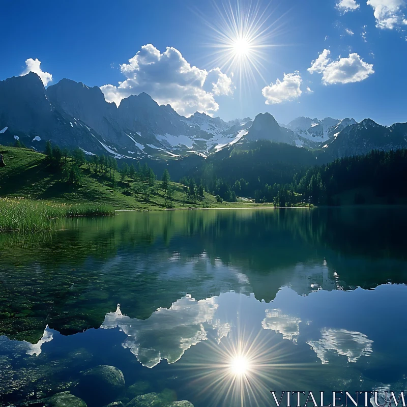 Peaceful Mountain Lake Under the Sun AI Image