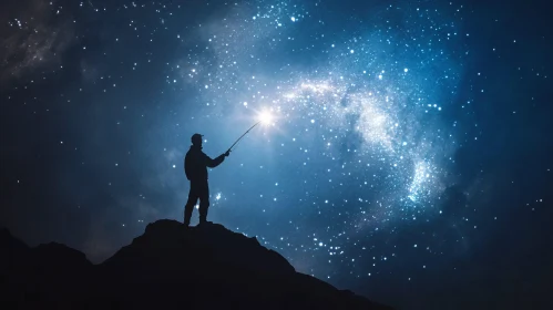 Man Silhouette Fishing Stars at Night