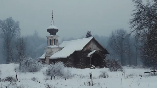 Mystical Winter Morning with Snow-covered Church