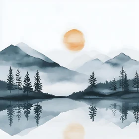 Misty Mountains and Lake at Sunset