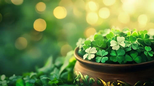 Pot of Clovers with Bokeh Lights