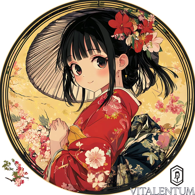 Traditional Anime Girl with Flowers and Kimono