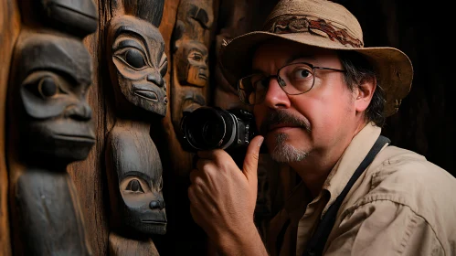 Man Photographing Carved Totems With Camera