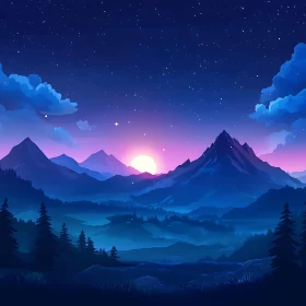 Starry Night Mountain Sunset Landscape