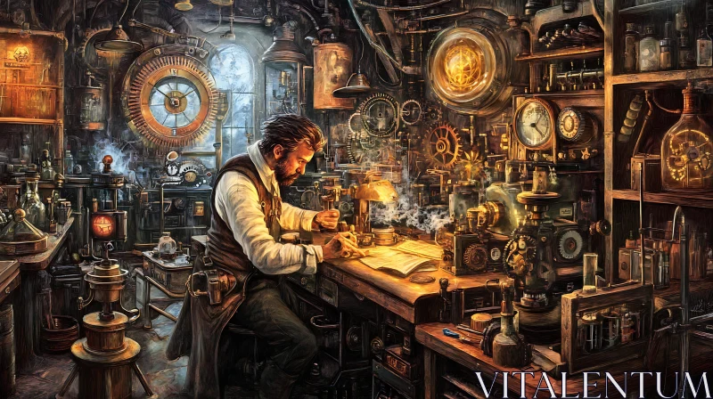 Inventor Working in Steampunk Laboratory
