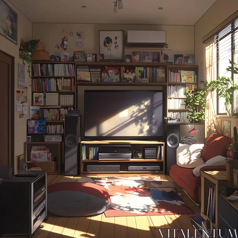 Anime-themed Living Room with Sunlit Comfort