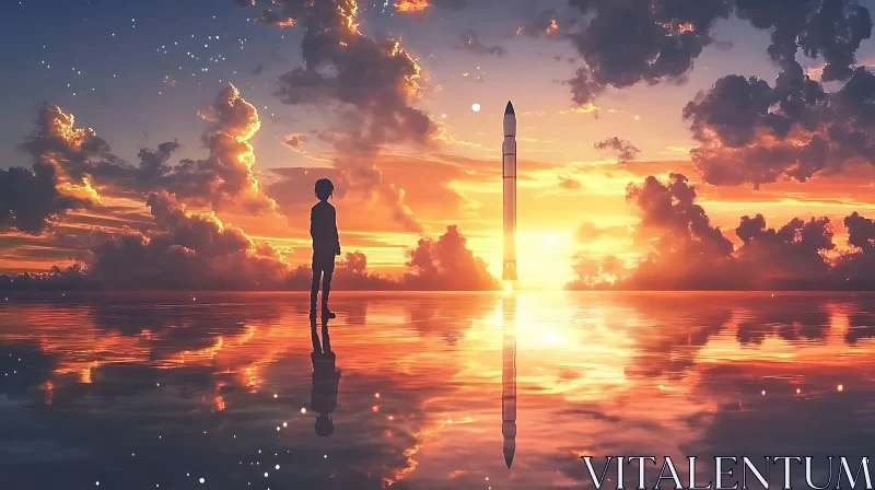 Ethereal Silhouette and Rocket at Sunset