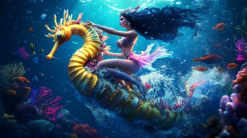Underwater Fantasy with Mermaid and Seahorse