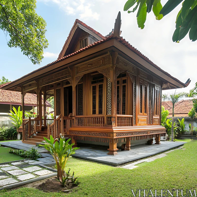 Wooden House with Red-Tiled Roof in Tropical Garden Setting