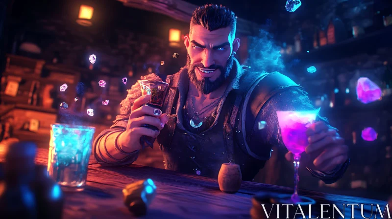 Enigmatic Bar Scene with Glowing Drinks