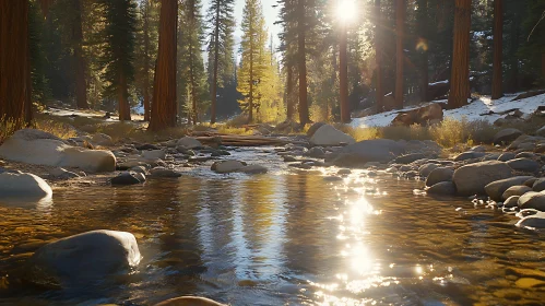 Sunlit Stream in Forest
