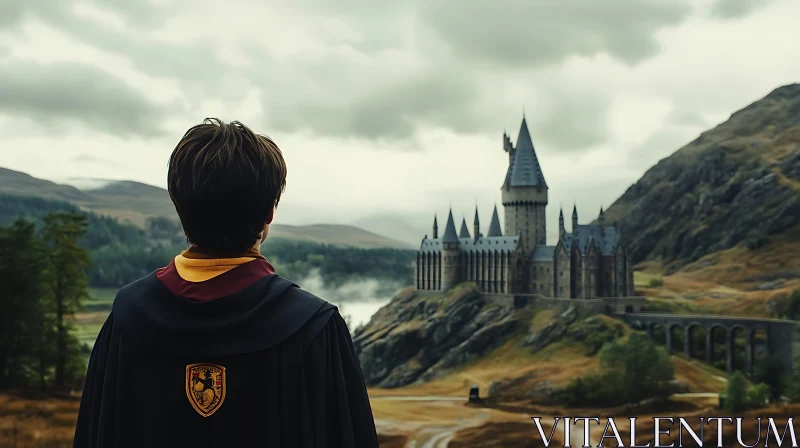 Person Looking at Castle in Mountains