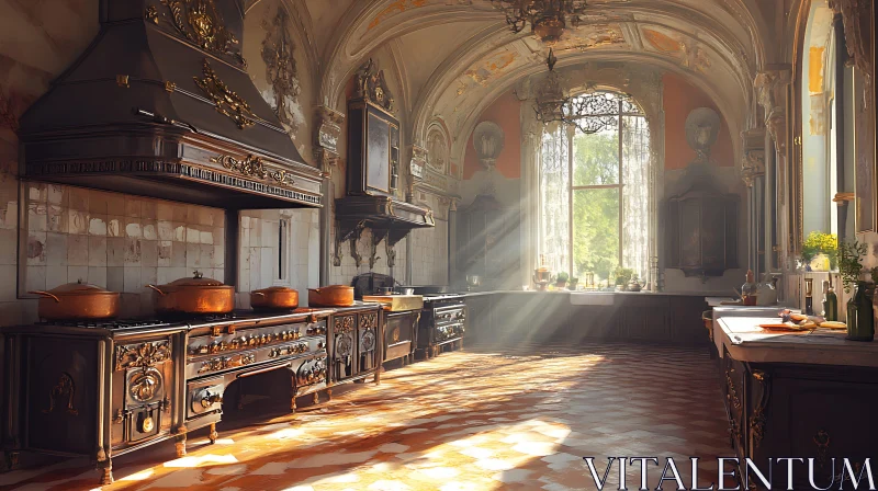 Sunlit Vintage Kitchen with Tiled Floor AI Image