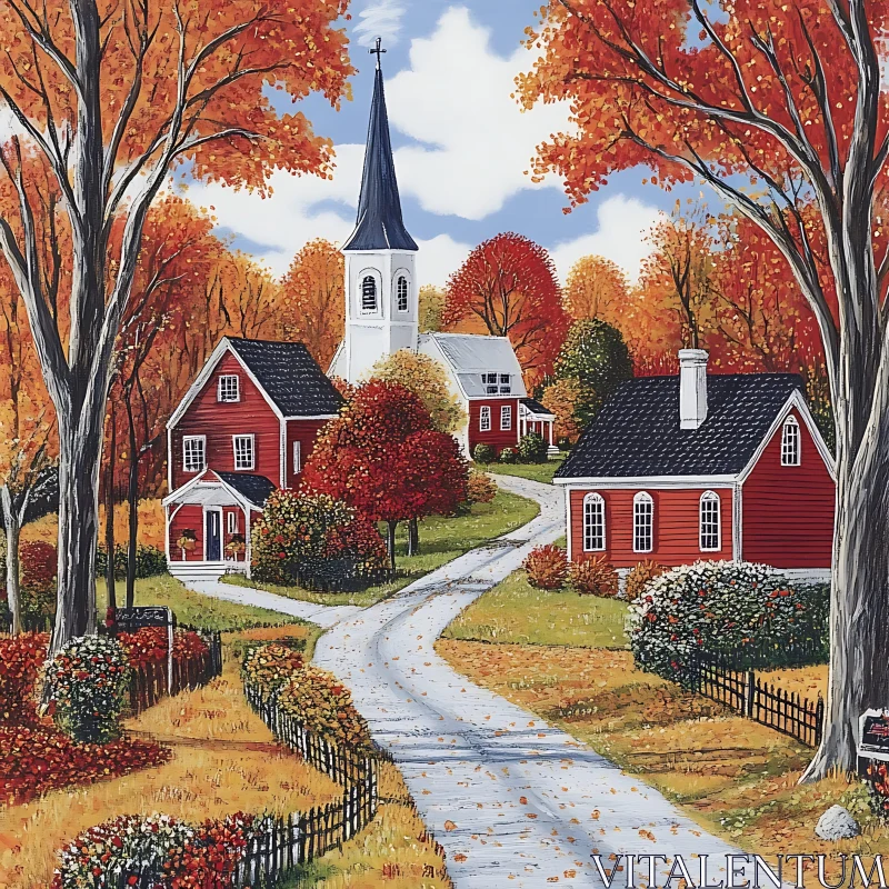 Scenic Autumn Village with Red Houses
