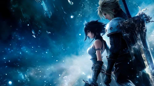 Celestial Anime Duo with Sword in Hand