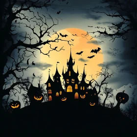 Spooky Castle with Pumpkins and Bats