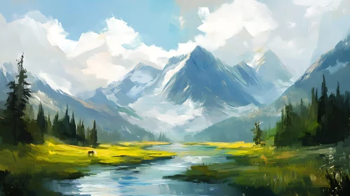 Scenic Mountain River Valley Artwork