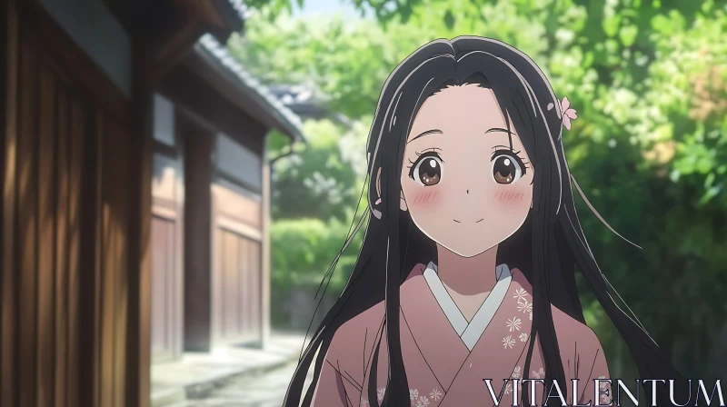 Traditional Anime Girl in Floral Kimono