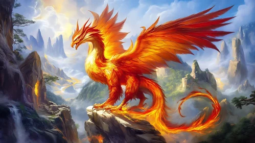 Fiery Phoenix in Mountain Landscape