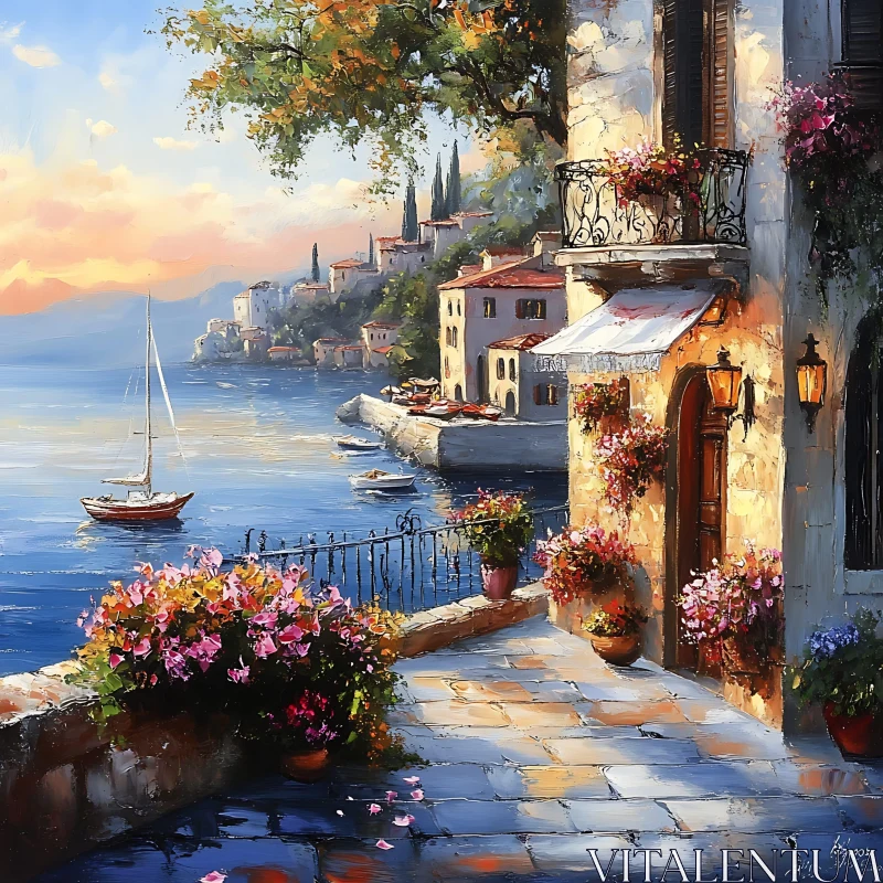 Seaside Serenity: A Floral Balcony Overlooking the Sea AI Image