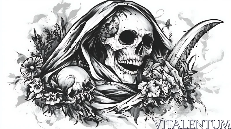 Monochrome Skull and Flowers Illustration