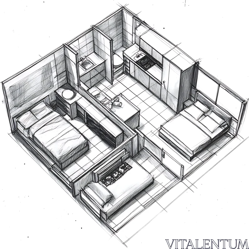 Three-Room Apartment Floor Plan in Isometric Perspective