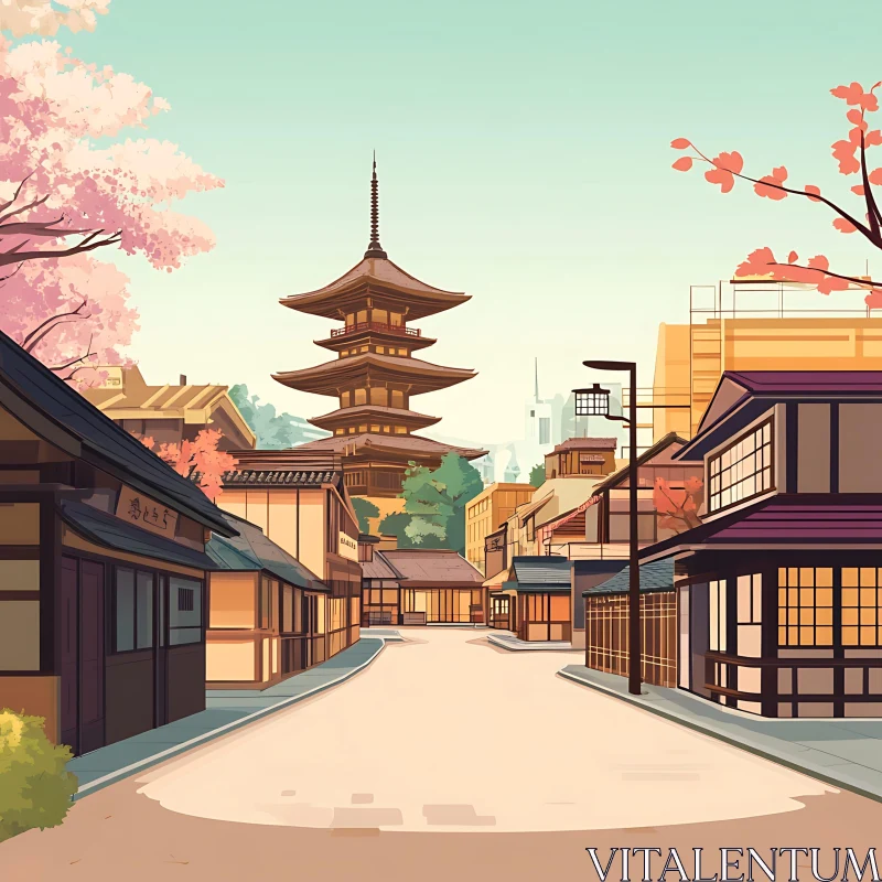 Traditional Japanese Street with Pagoda View