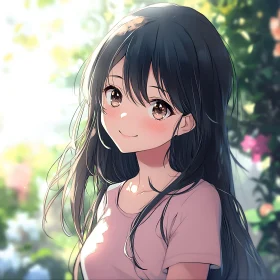 Anime Girl with Dark Hair in Garden