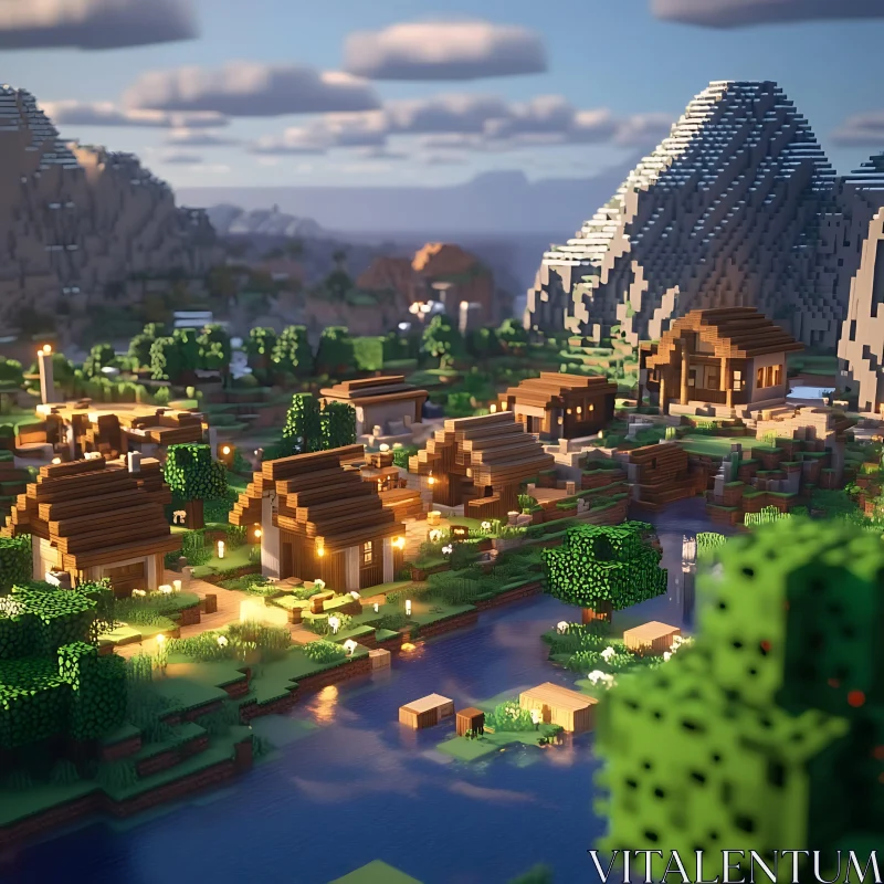 Serene Pixelated Village Landscape