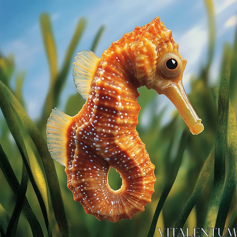Orange Sea Horse Among Green Seaweed