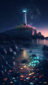 Lighthouse at Night Under Starry Sky
