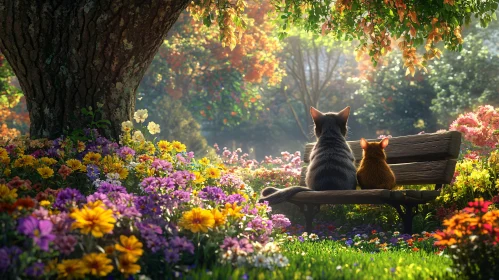 Cats in a Floral Garden Setting