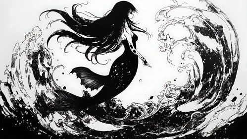 Black and White Mermaid Illustration