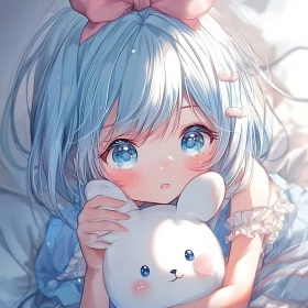 Cute Anime Girl with Plush Toy