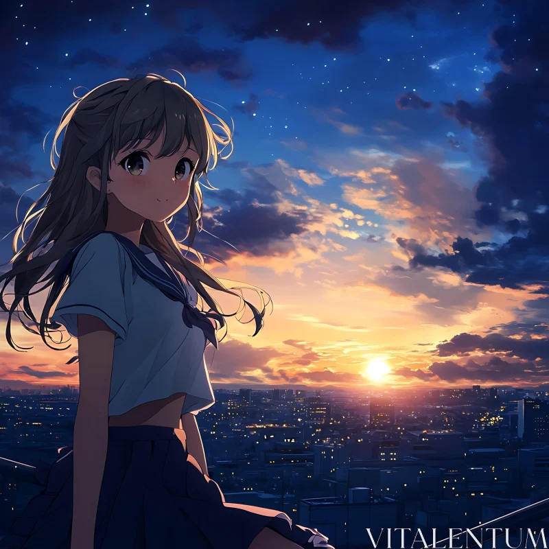 Anime Rooftop Sunset Scene AI Image