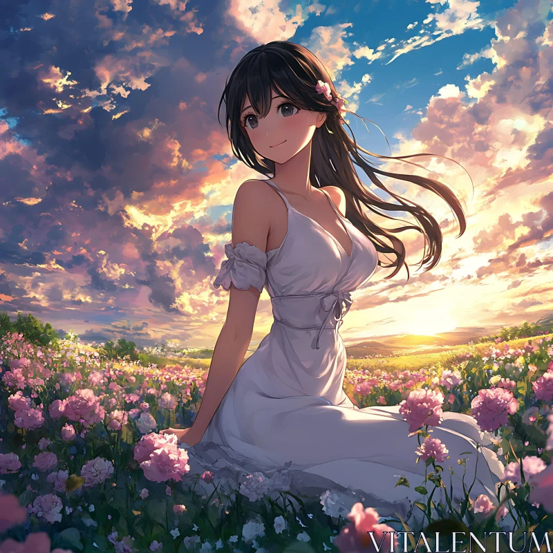 Tranquil Anime-Style Girl in Flower Field at Sunset