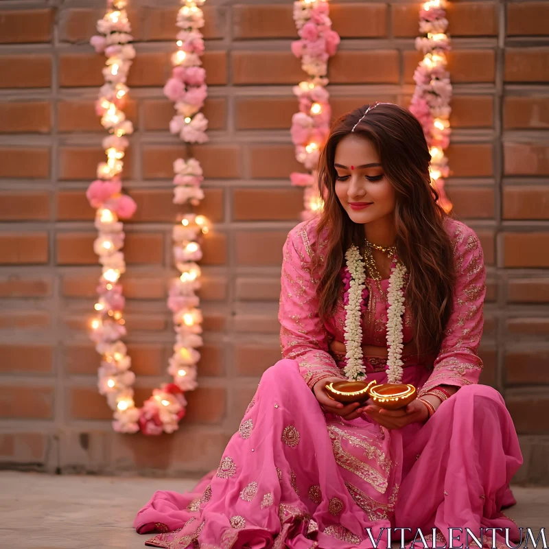 Woman in Pink with Diyas