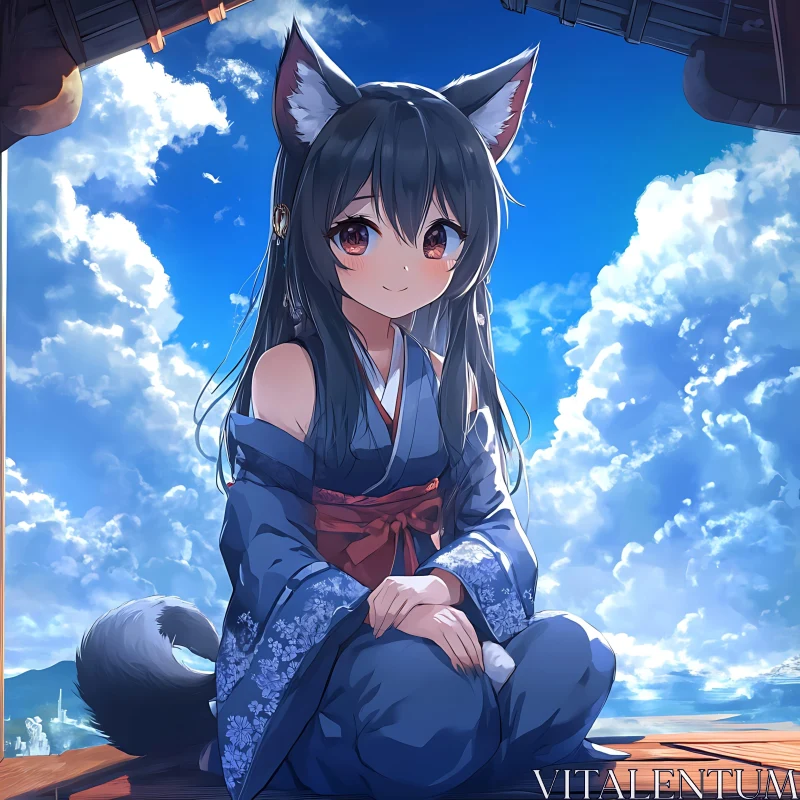 Tranquil Anime Kitsune Girl in Traditional Attire