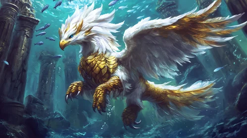 Golden Griffin in Submerged Cityscape